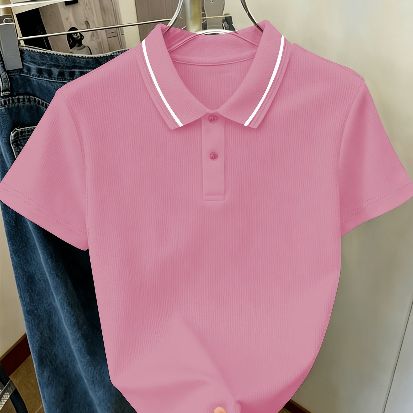 TEMU Polo d'été pour femmes, texture porcelaine respirante, col contrasté, T-shirt à manches courtes, décontracté, , pour , confortable, polyvalent,