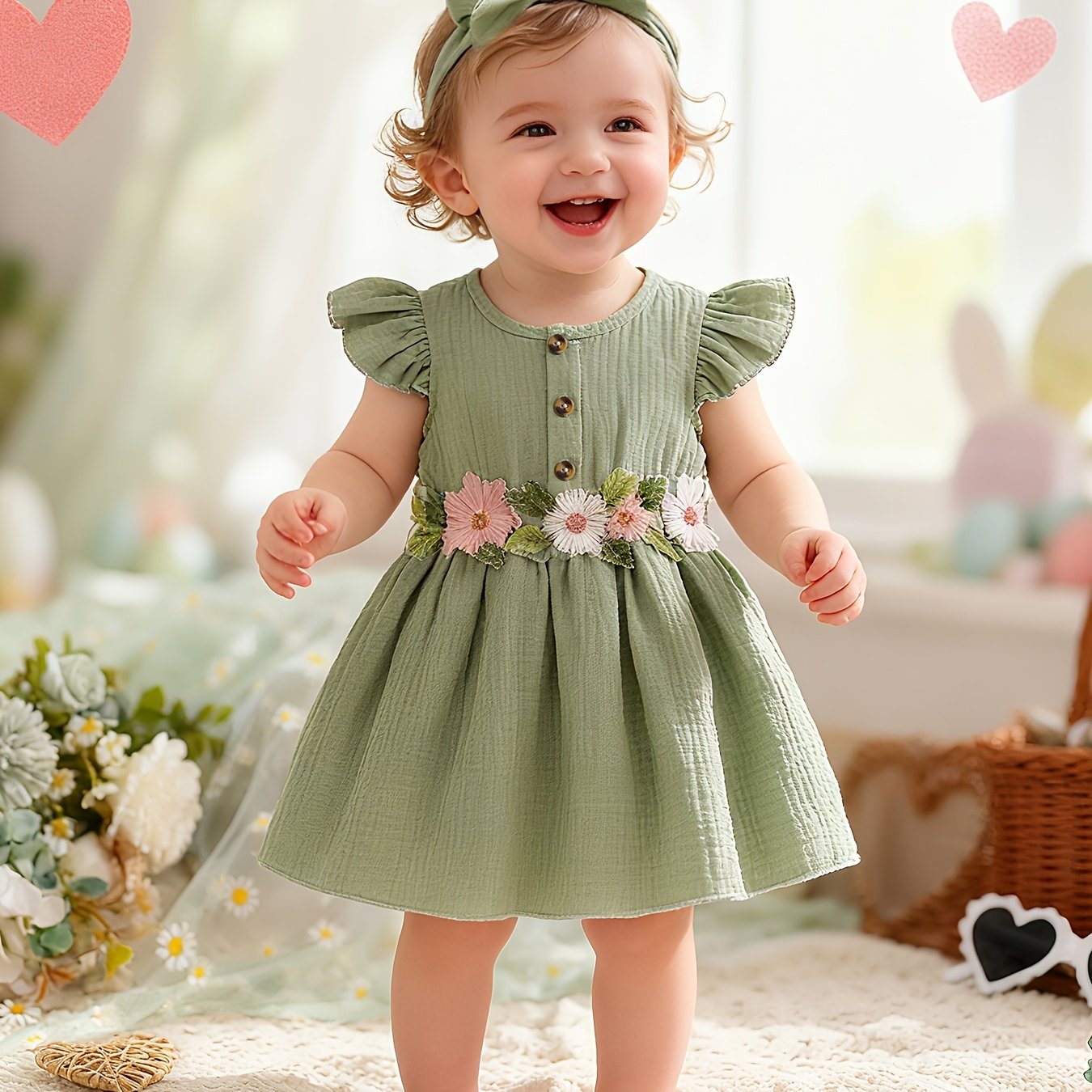 Image of Summer Loose-fit Dress With Matching Headband - Short Sleeve Flutter Sleeves & Waist Flower Decorations, Soft Breathable Dress Suitable For Spring Summer Outfits, For Baby (casual Dress)