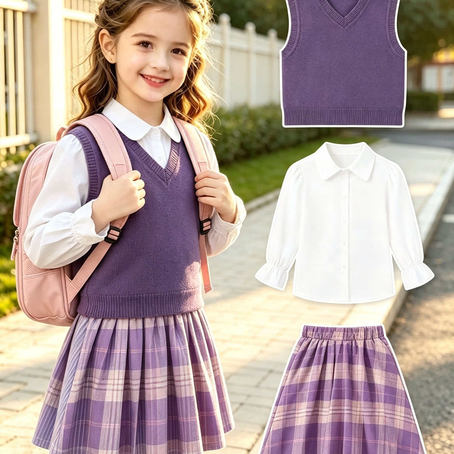 Girls' Back-to-school Outfit, Autumn Fashion Preppy 3pcs Set: Lace Long Sleeve Shirt, Solid Vest, And Plaid Skirt, Suitable For Casual Wear, Preppy Parties, Or Special Occasions