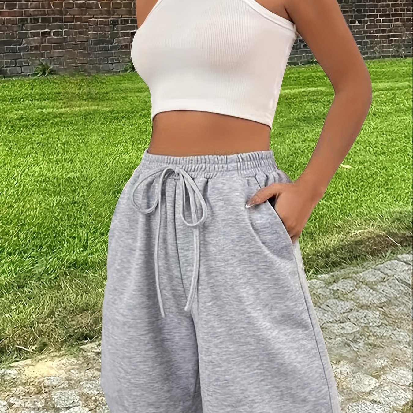 Image of Gray Casual Loose-fit 5-pocket Elastic Waistband Shorts - Lightweight Summer Breathable Fabric, Machine Washable Solid Color For Casual Attire, Relaxed Fit, Loose Fit, , Versatile Bottoms, Lifestyle