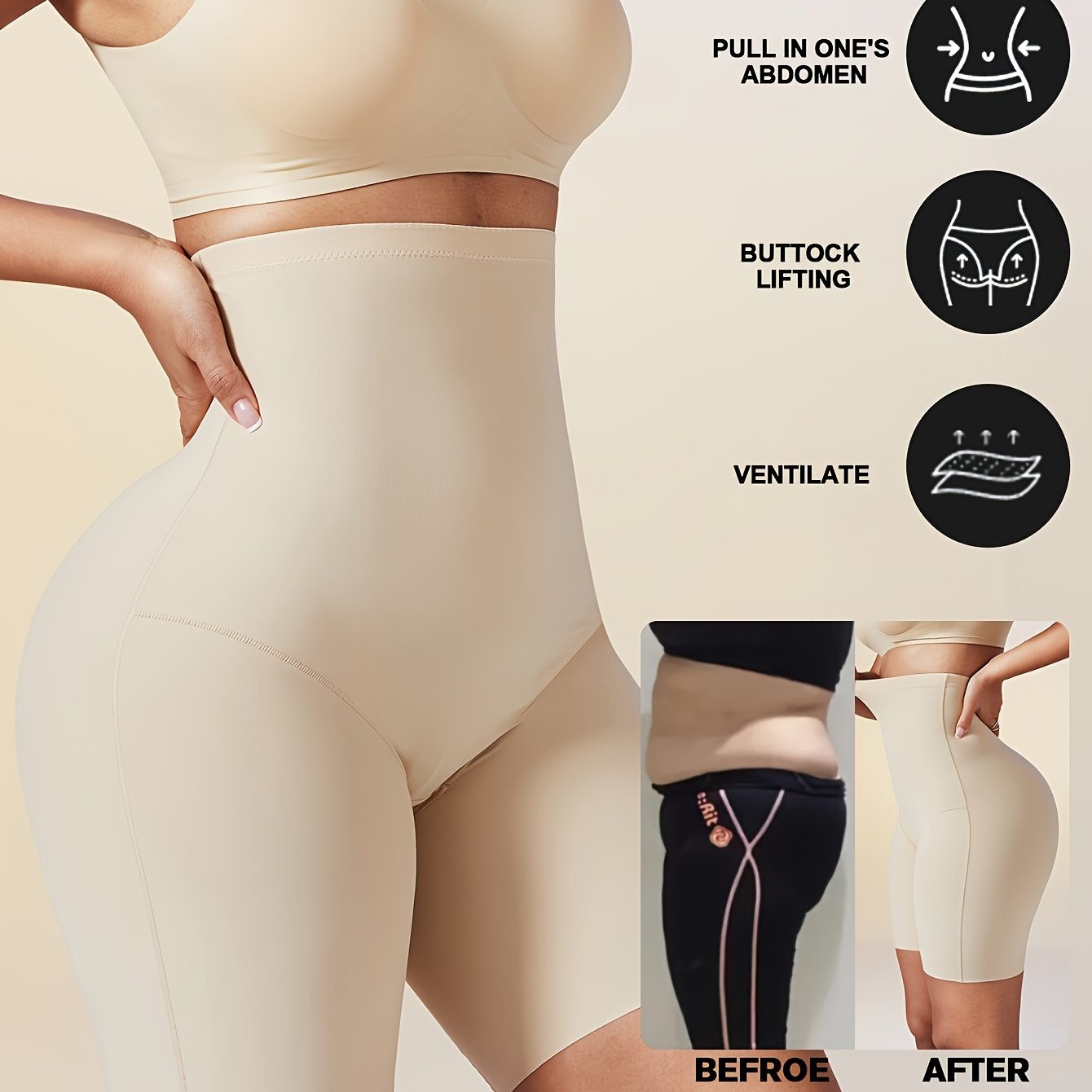 Image of Non-marking High-waisted Shapewear Pants, High Elasticity, Waist Cinching, Hip Lifting, Leg Shaping Shorts-te128