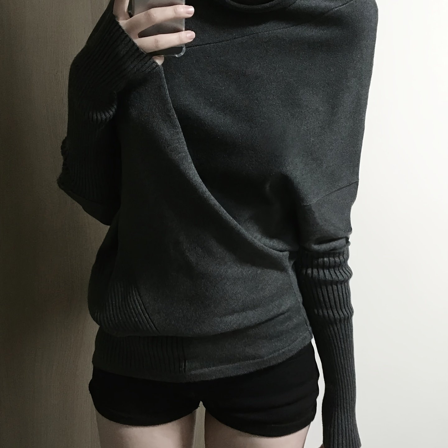 TEMU Korean-style Irregular Vintage Batwing Sleeve High Neck Dark Gray Autumn/winter Loose Lazy Style Pullover Top