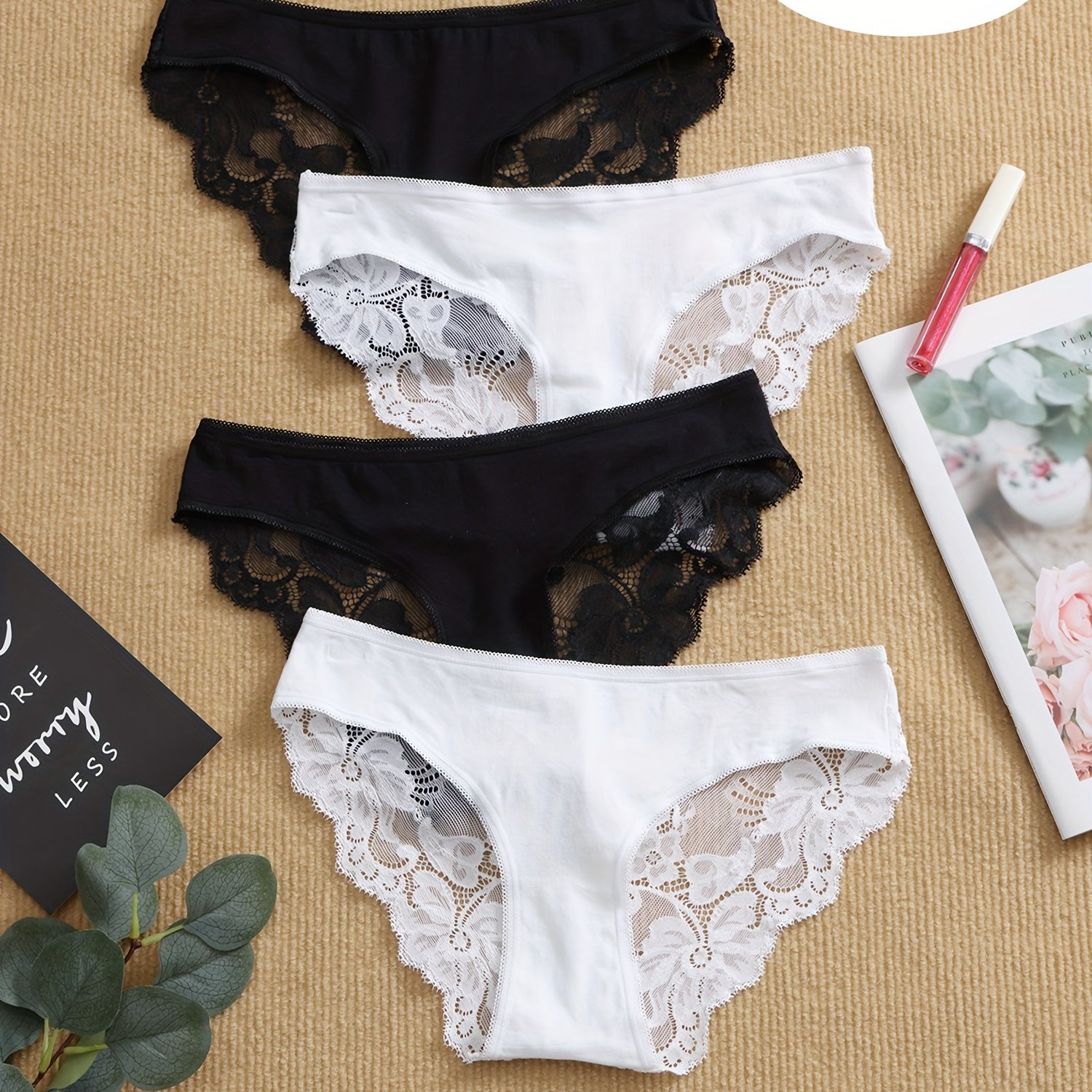 Image of 4pcs Floral Lace Briefs, Sexy Comfy Breathable Stretchy Intimates Panties, Women's Lingerie & Underwear