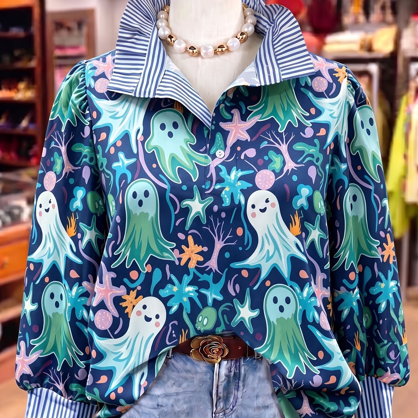 item picture womens halloween underwater ghost   print long sleeve shirt striped contrast collar cuff casual blouse spooky ocean theme fall top