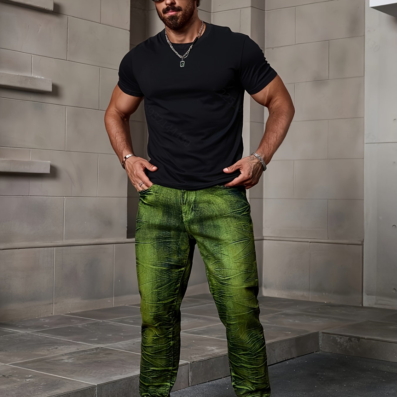 Image of Men's Vintage Washed Denim Jeans With Green Camouflage Pattern - Retro Streetwear Style, Fit, Wear, Casual Streetwear Jeans|vintage Style Jeans|woven Denim Fabric