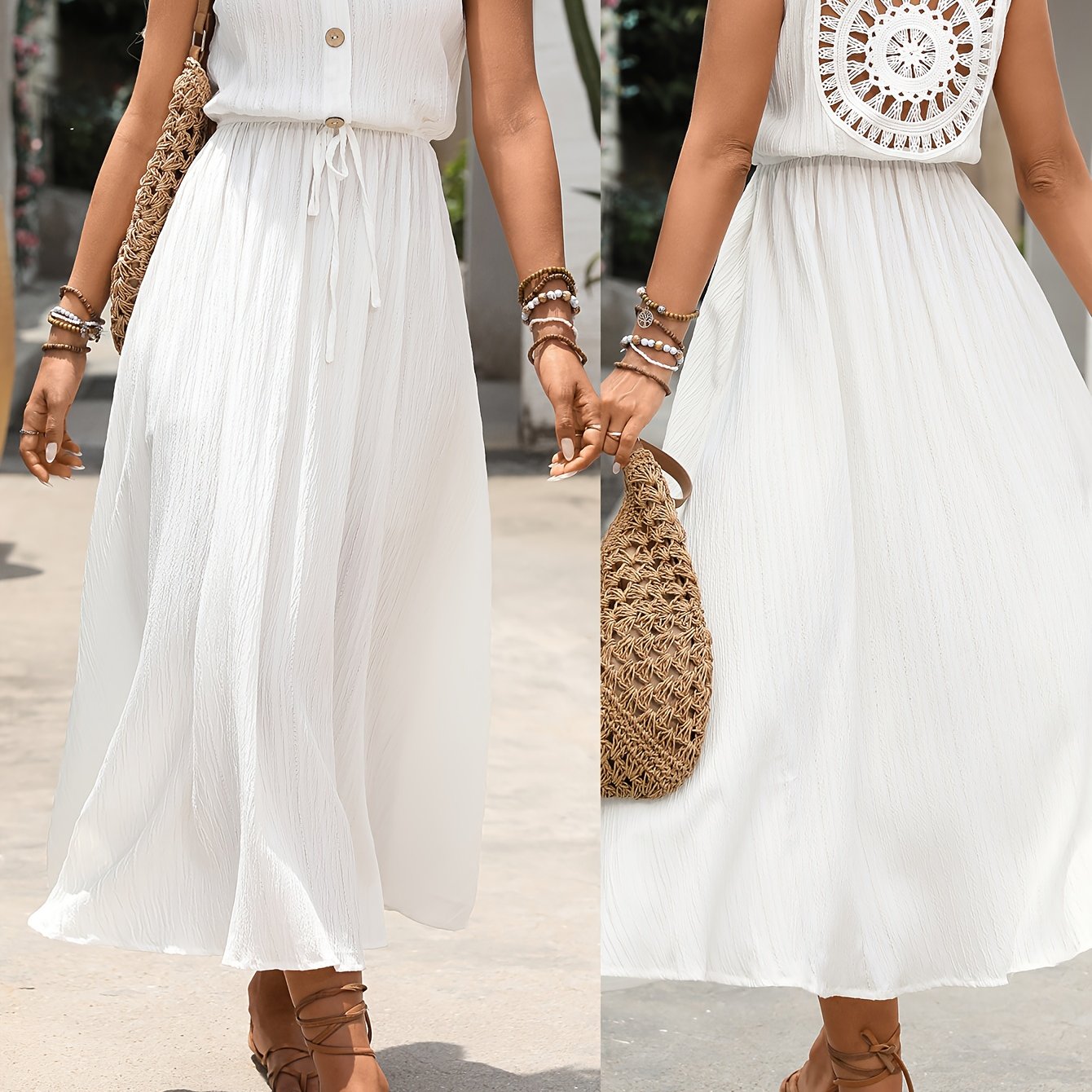 TEMU Women's Elegant Sleeveless Dress With Lace Mesh Detail On The Back, Machine Washable Rayon Fabric, Casual Vacation Vest-style Midi Beach Dress,