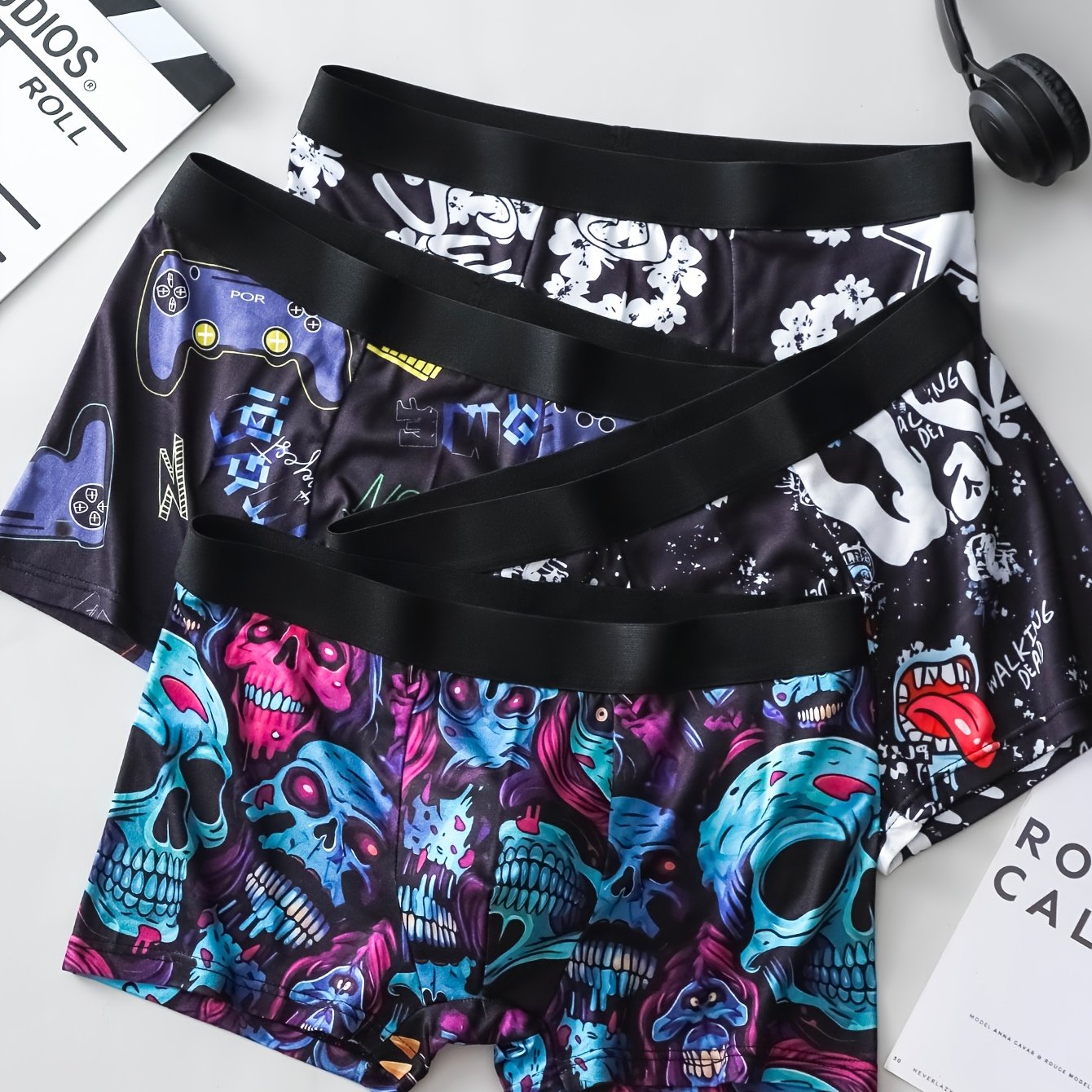 E-shop 4er-Set Herren Boxershorts - Atmungsaktiv, Dehnbares Polyester mit Lustigem Druck, Elastischer Bund, Lässige Unterwäsche