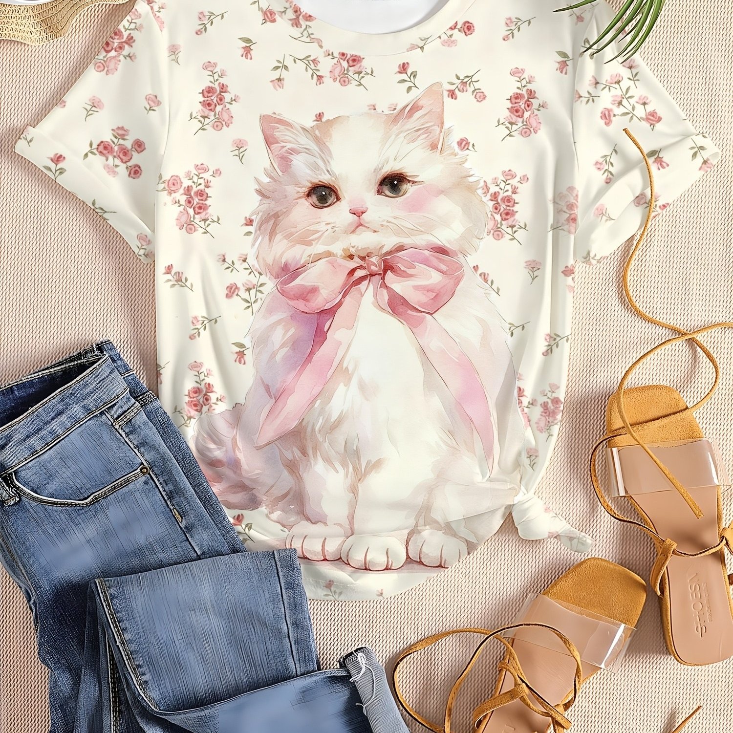 TEMU Round Neck Women's Printed Casual Top, Cream White With Watercolor-style Cute Cat And Rose Print, Featuring An Adorable Cat Tied With A Pink