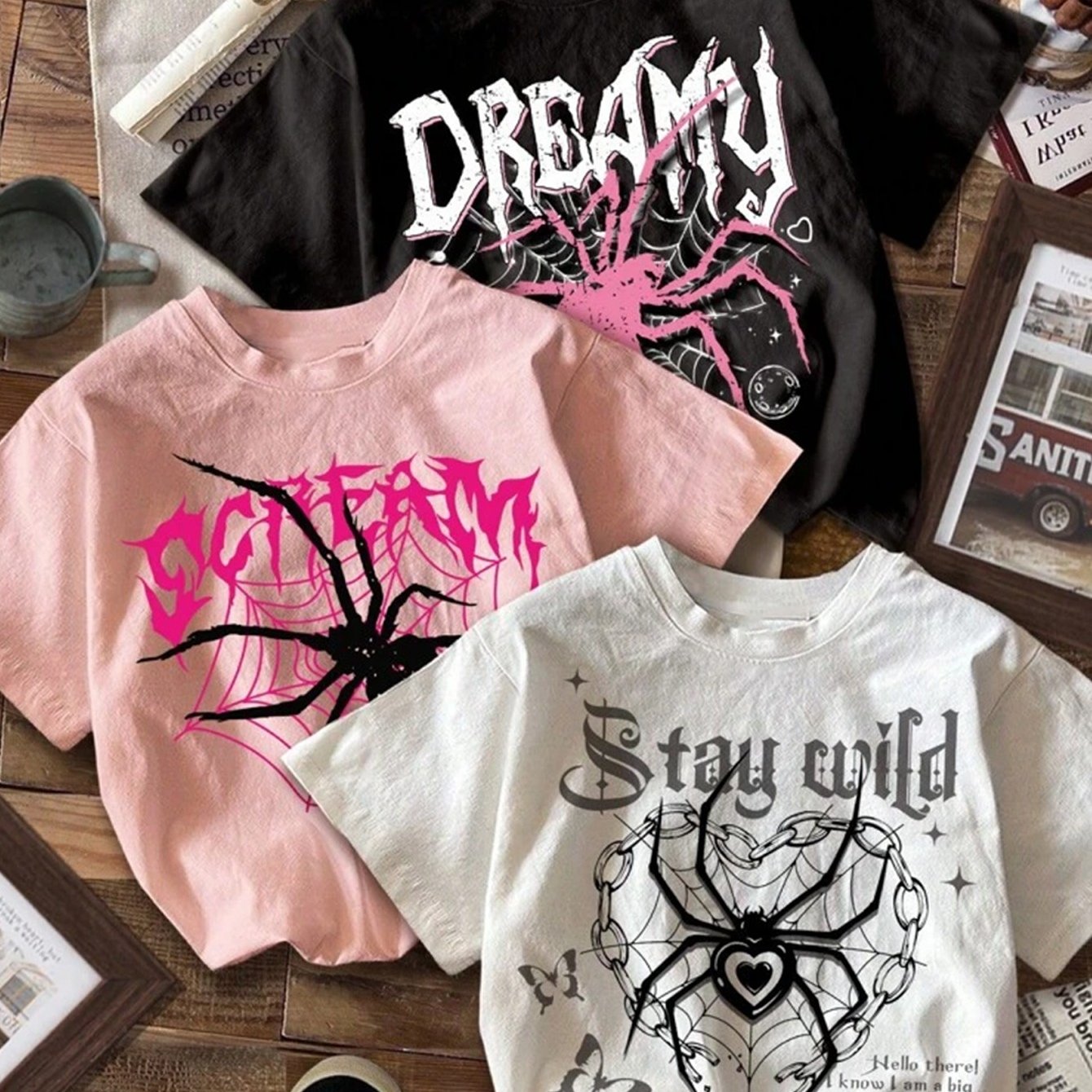 TEMU 3pcs Women's Spider Print T-shirts - Casual Crew Neck Short Sleeve, Polyester Machine Washable - Versatile Fashion For Spring/