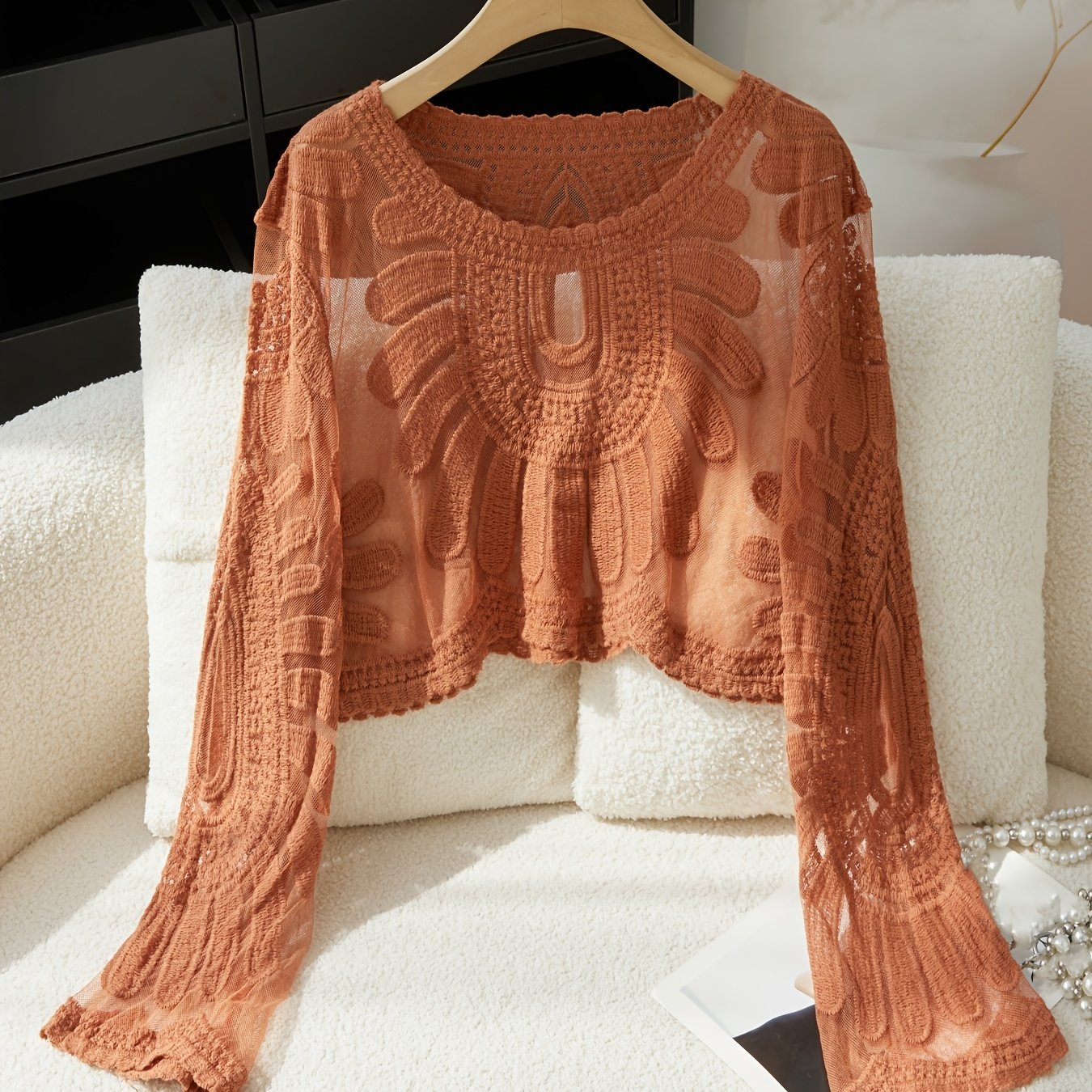E-shop Bohemian Style Haken Blume Hohle Stickerei Kurzarm Damen Sommer Rundhals Langarm Lässiger Ausflug Pullover
