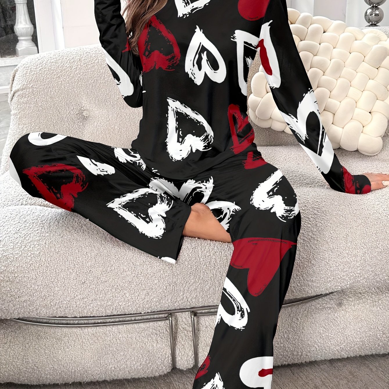 TEMU 1 Set Women's Casual Long Sleeve Pajama Set, Polyester 95% Elastane 5%, Crew Neck Heart Print Knit Pullovers, Spring/fall Sleepwear