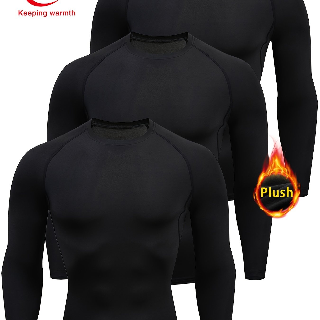TEMU 3pcs Men's Black T-shirt Set - Stretchy, Moisture-wicking Base Layer For Sports & Fitness, Long Sleeve, High Neck, , Sports Apparel | Fit |