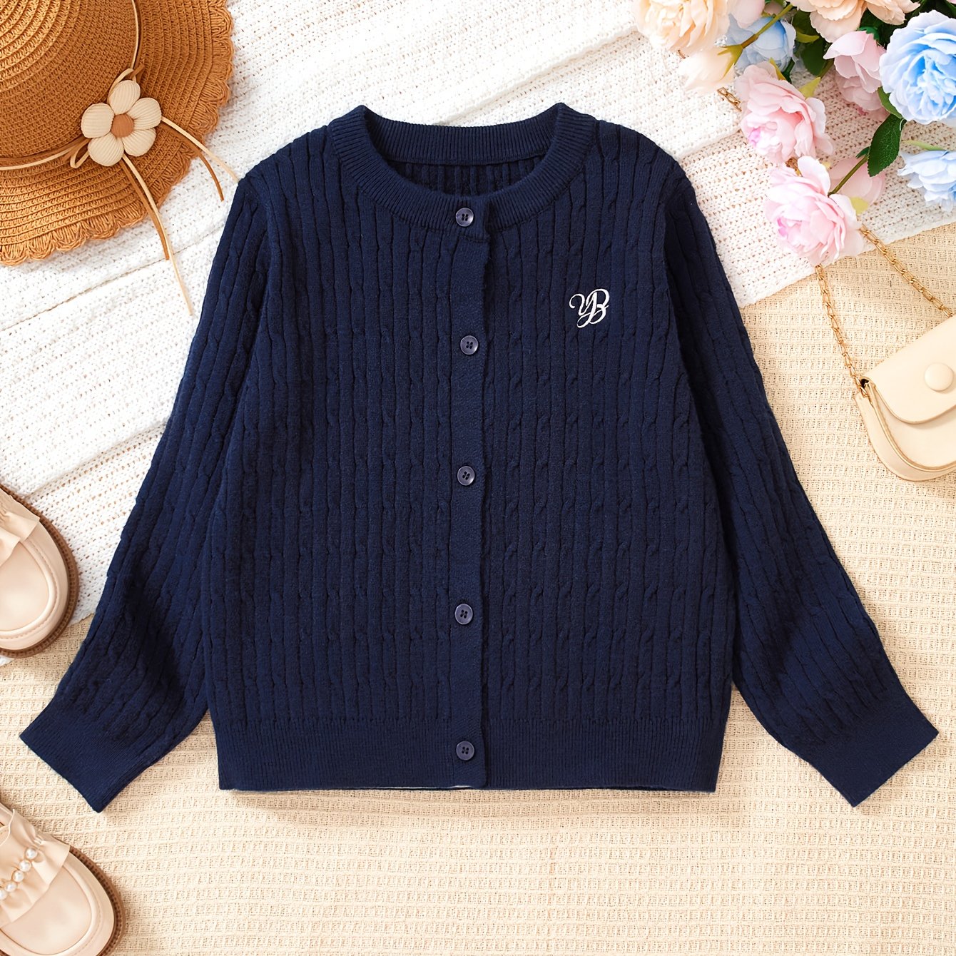 TEMU Cardigan pull-veste pour fille, haut décontracté élégant brodé, à fleurs torsadées uni à col rond et manches longues boutonnées, convient aux