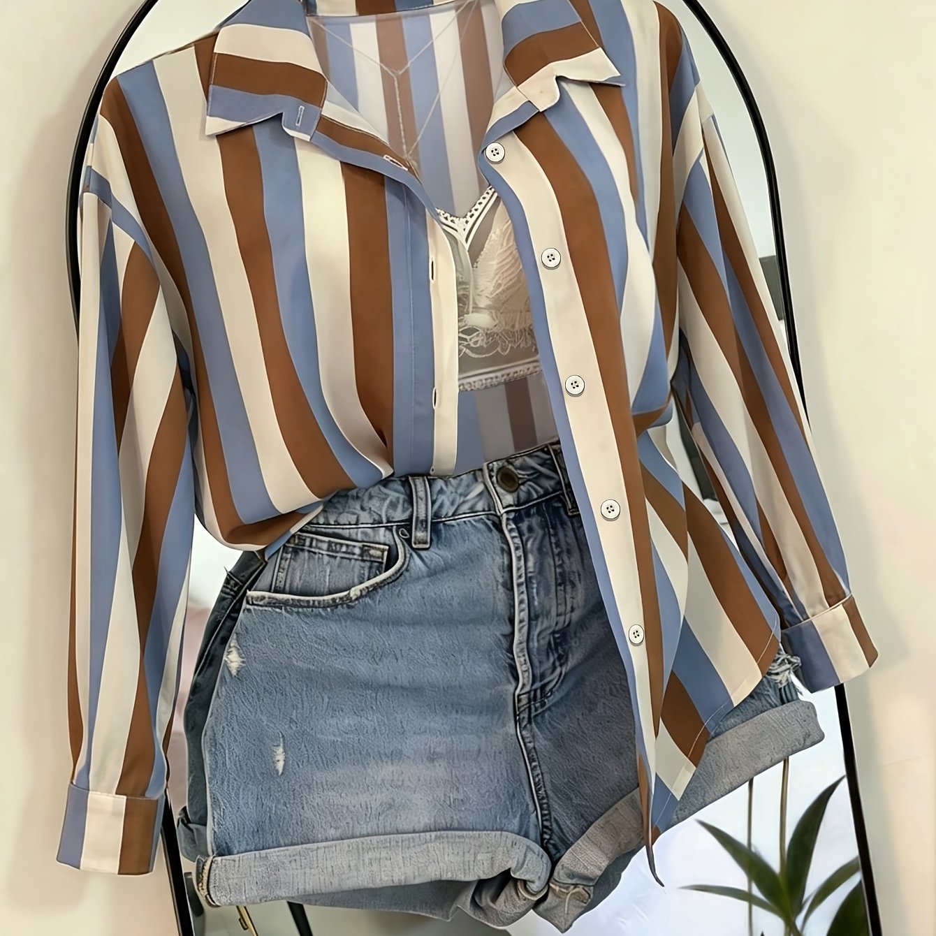 TEMU Women's Elegant Fashion Striped Printed Shirt, Loose Casual Vacation Long Sleeve Top