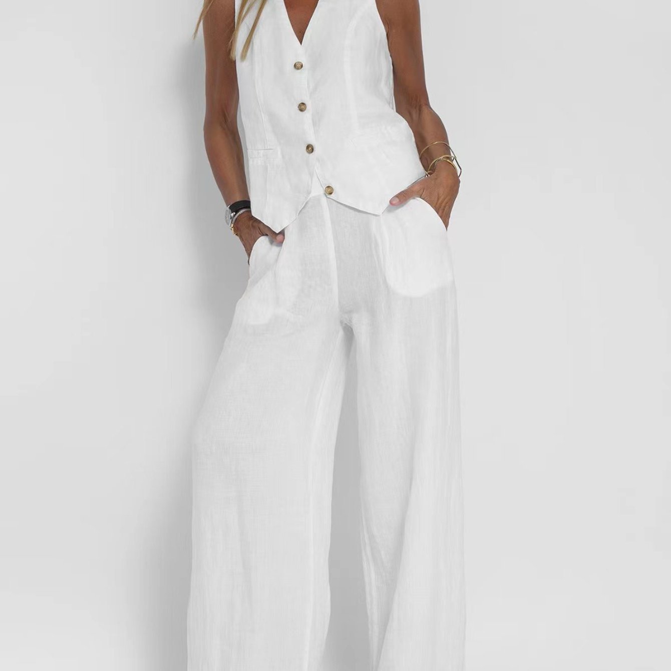 Women's Linen Sleeveless Vest High Waist Long Pants Two-piece Set