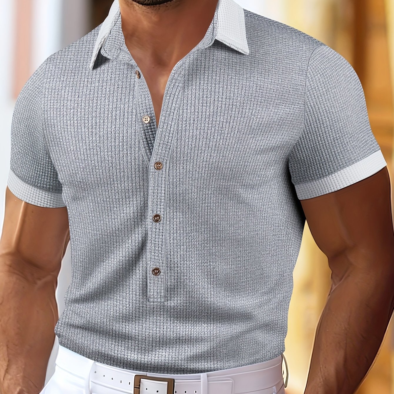 Men's Textured Waffle 3/4 Gray And - Short-sleeved Fashion Casual Sports Outdoor Lapel Shirt