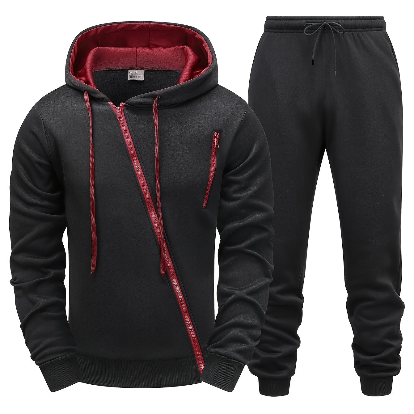 TEMU Conjunto De Sudadera Con Capucha De Cremallera Inclinada Y Pantalones De Chándal Con Cordón Para Hombre, En Color Liso, Ideal Para Otoño E