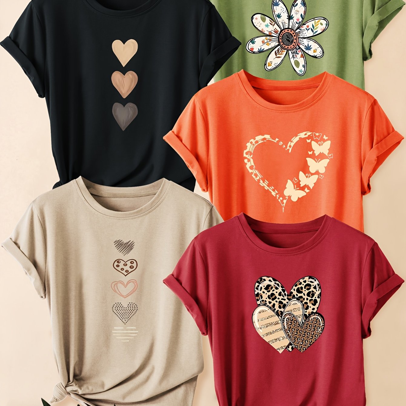 TEMU Five-piece Set Of Women's Short-sleeve T-shirts With Heart And Leopard Print Designs, Featuring A Round Neck And A Relaxed Fit, Perfect For
