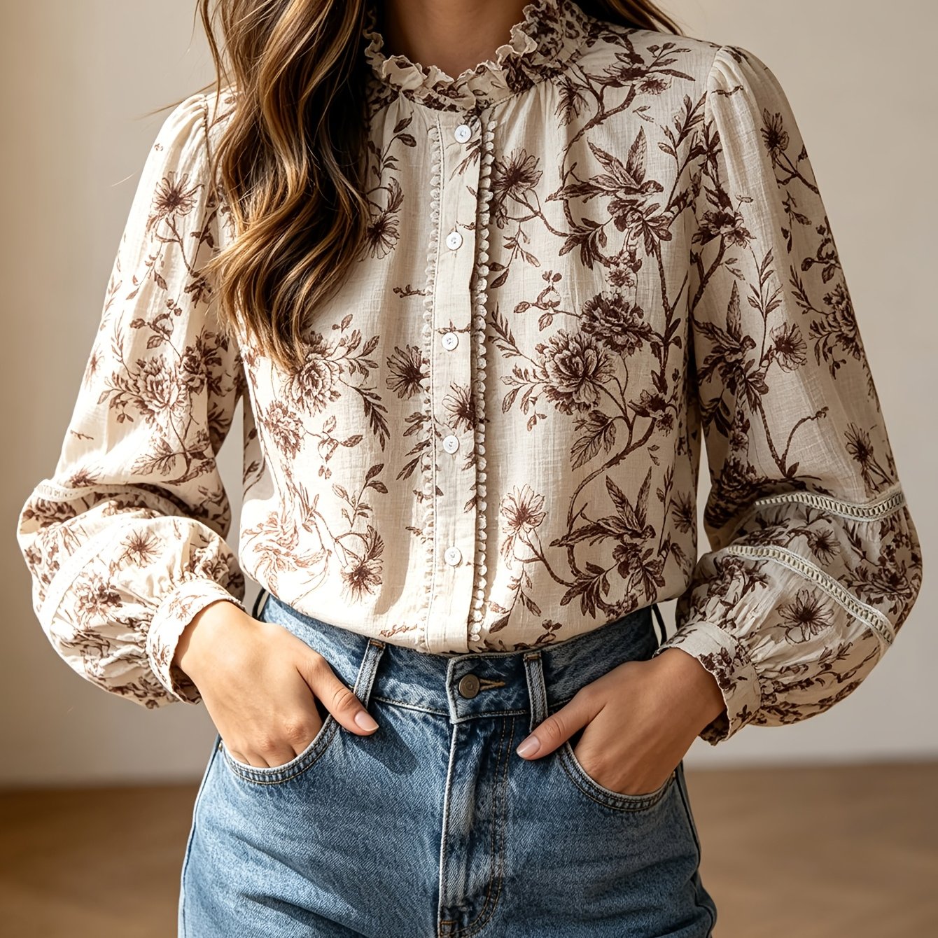 TEMU Camisa de mujer con de farol florales de café, estilo romántico de diario de estilo francés