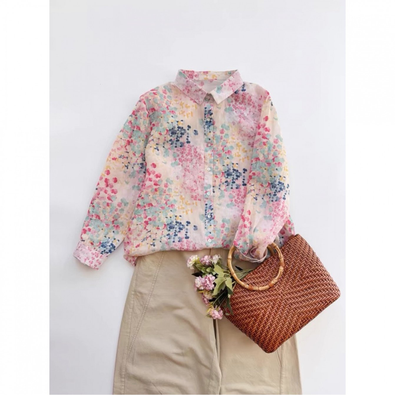 TEMU パステルカラーシャツ レディース 花柄シャツ ニッチで万能なゆったりフィットの軽量プリントシャツ レディース おしゃれなカラーブロック 春用シャツ ベストやカジュアルパンツとのネートに