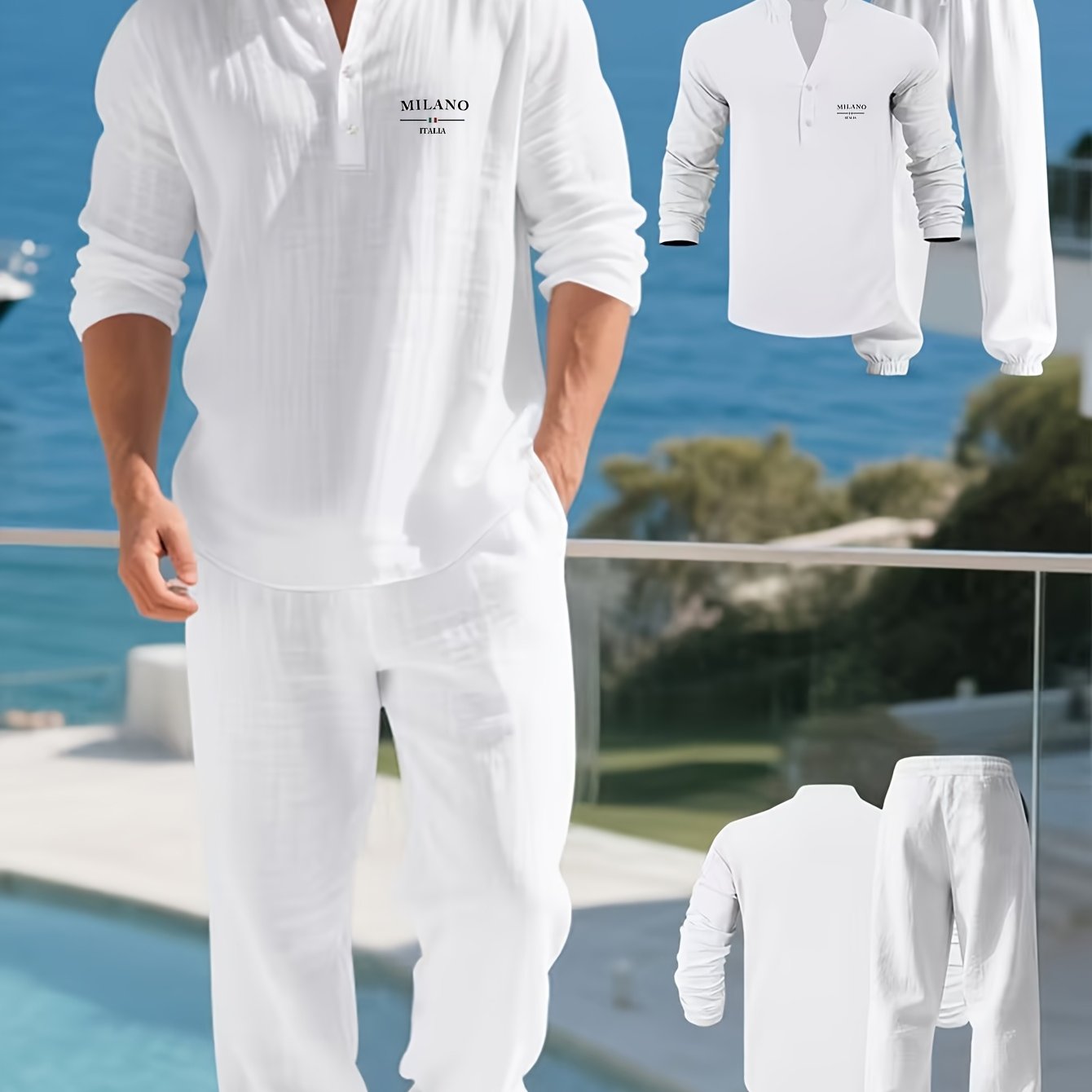 TEMU Autumn Casual Trendy Hawaiian Home Henley Shirt Long Sleeve Set, Fashionable And Versatile, Collar Button Design, Solid Easy Style, Shape Or