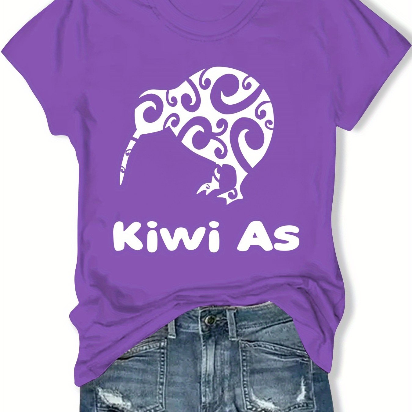 TEMU Women's Casual Graphic Tee - "kiwi As" Design With Kiwi Bird & Maori Patterns, Breathable Polyester, Round Neck, Short Sleeve, Machine Washable,