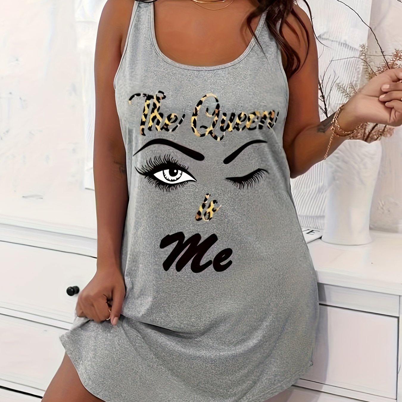 E-shop Damen Freizeit Schlafanzug, Leopardenmuster Buchstaben Rundhals Saum Tank Nachthemd, Sommer Home Kleidung
