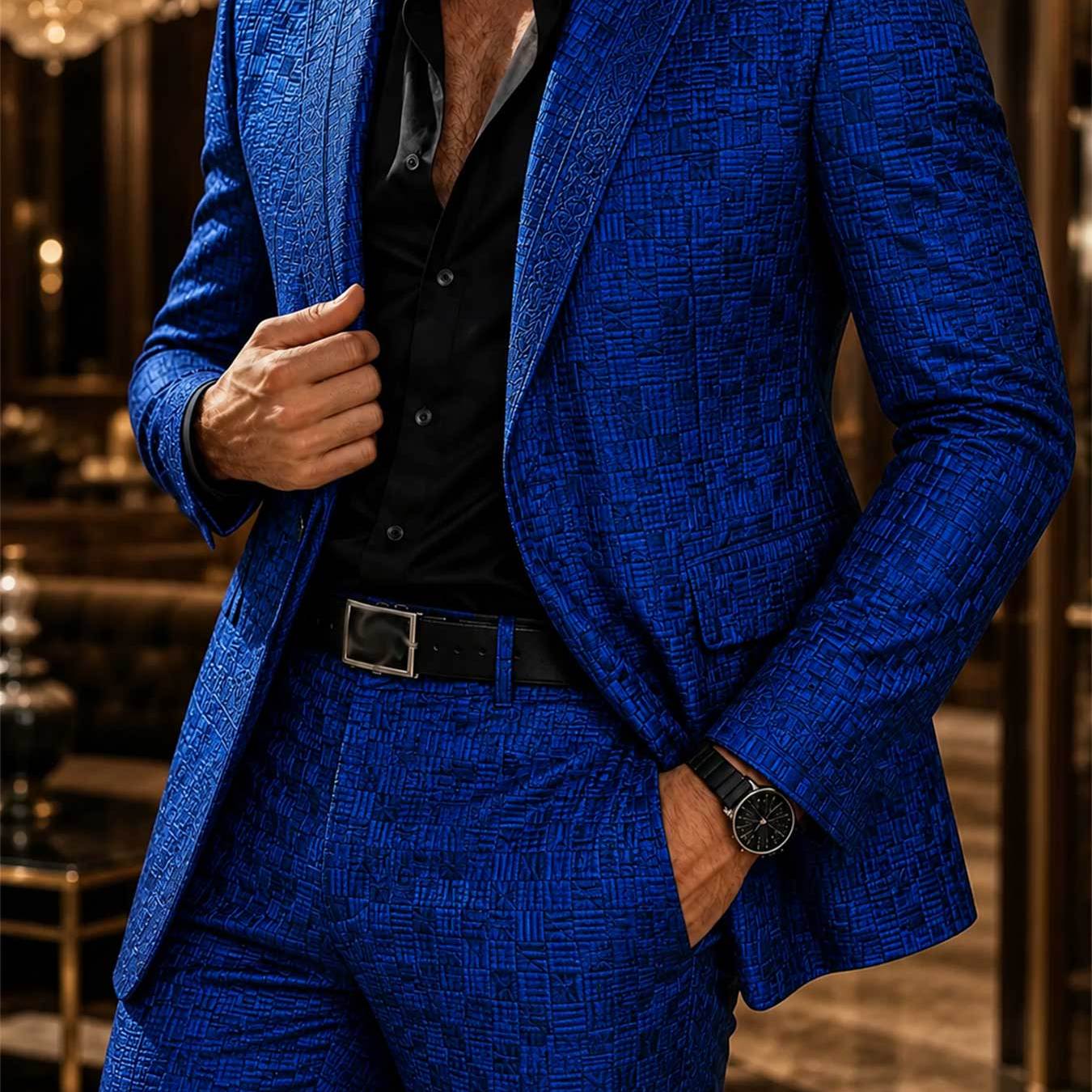 Image of 's Fashionable Blue Geometric Print Blazer And Trousers For Wedding Party And Formal Business Occasions Elegant Style For