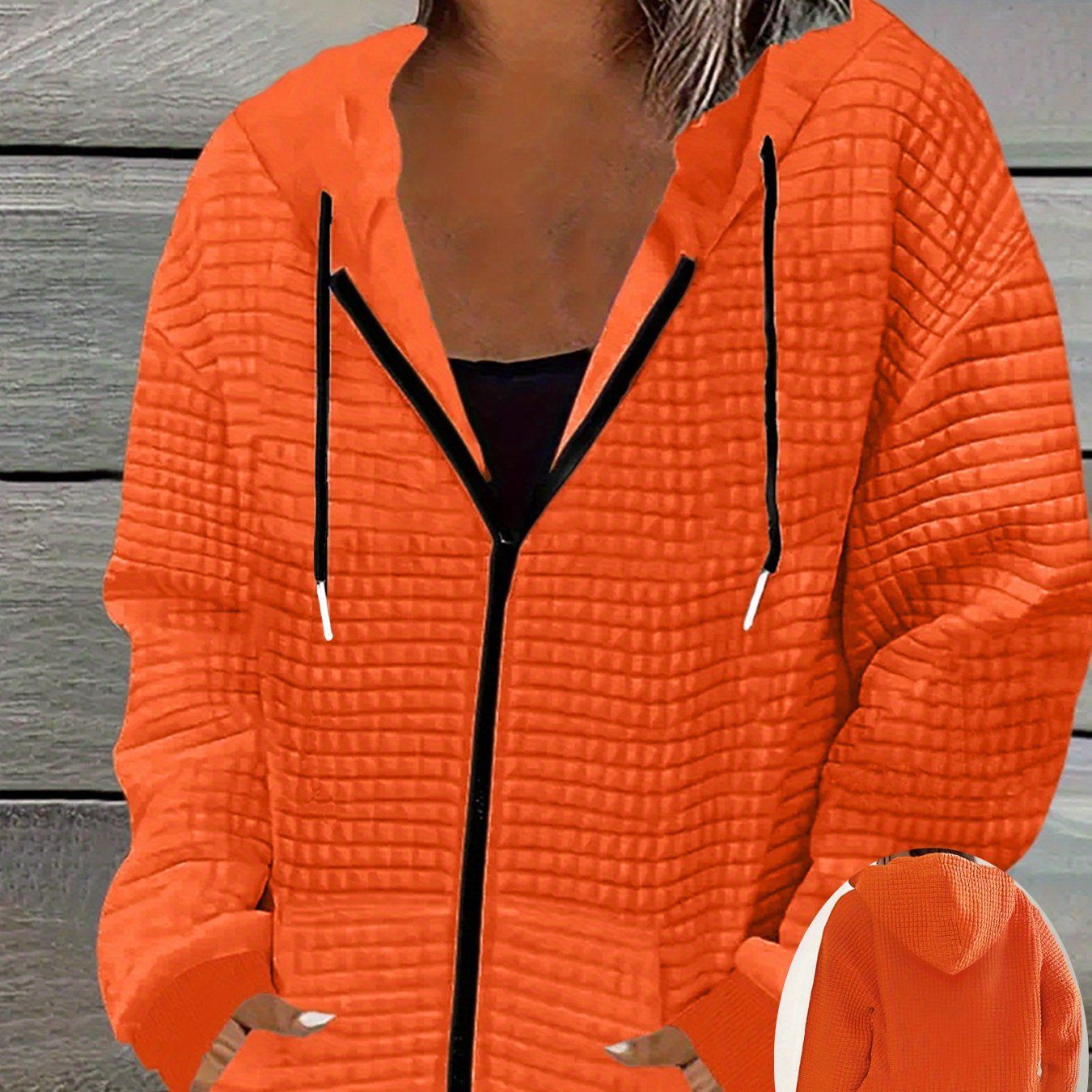 Plus Size, Plus-size Women's Zip-up Hooded Jacket With Waffle Texture Skin-friendly Fabric