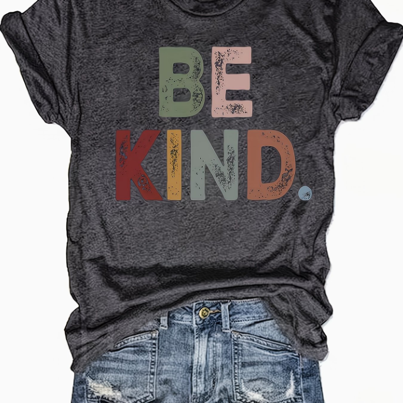 TEMU Women's Be Kind Message Print T-shirt - Casual Short Sleeve Round Neck Blouse-compatible Top Suitable For Vacation & Travel, Machine Washable
