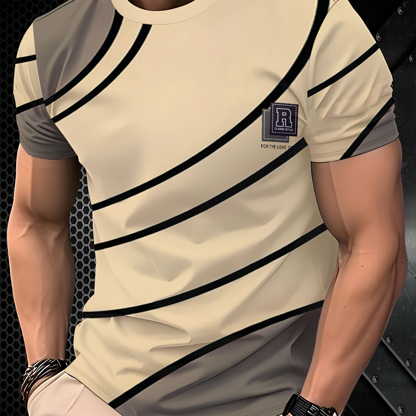 Men's Breathable 3d Striped T-shirt - Short Sleeve Round Neck Summer Casual & Athletic Wear, Comfortable , Machine Washable Suitable For Spring Summer Fall
