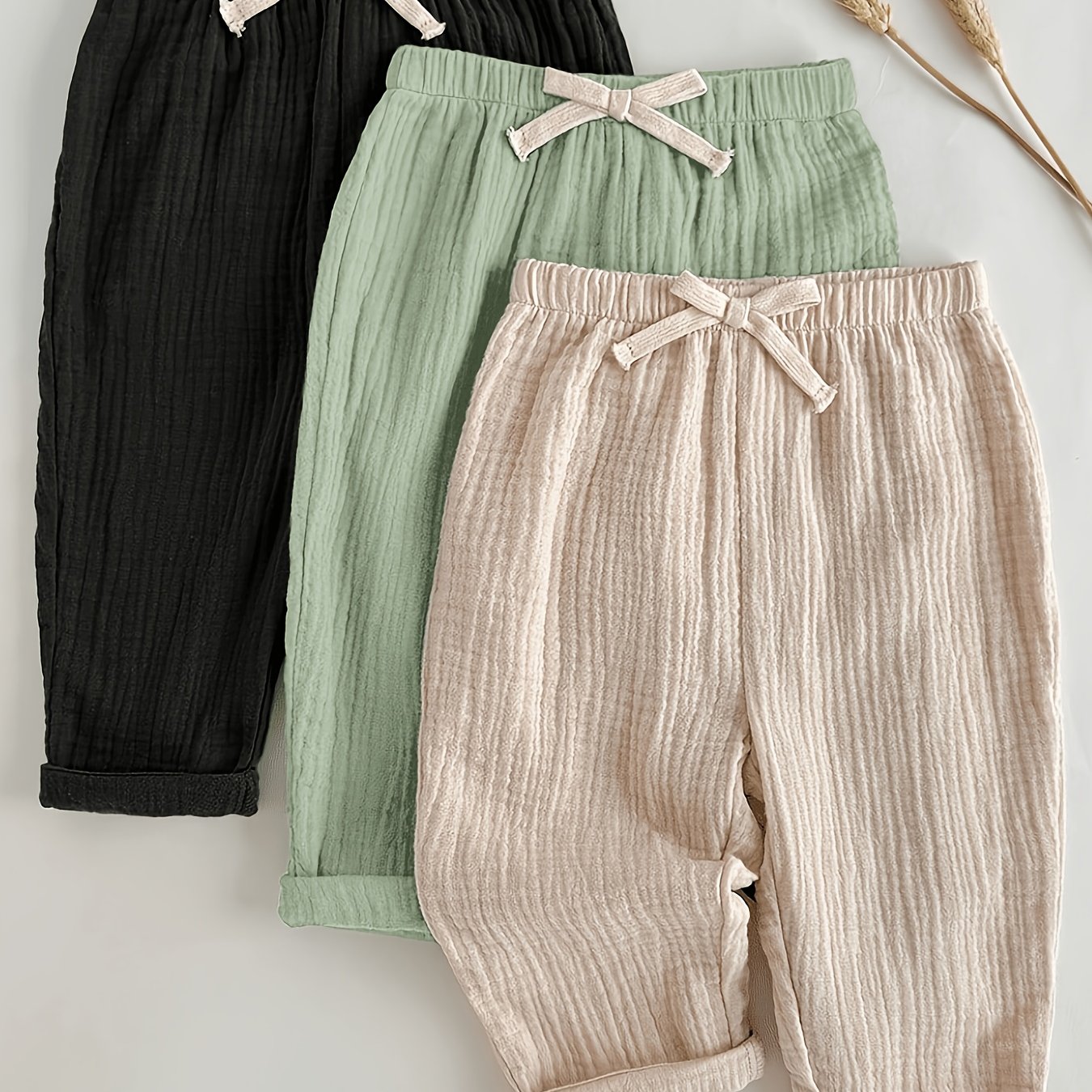 (loose Fit) 3pcs Set Unisex Baby Spring Autumn Color-block Bow Decoration Elastic Waist Casual Pants Set Baby Trousers Toddler Pants Boys' Pants, For Outdoor