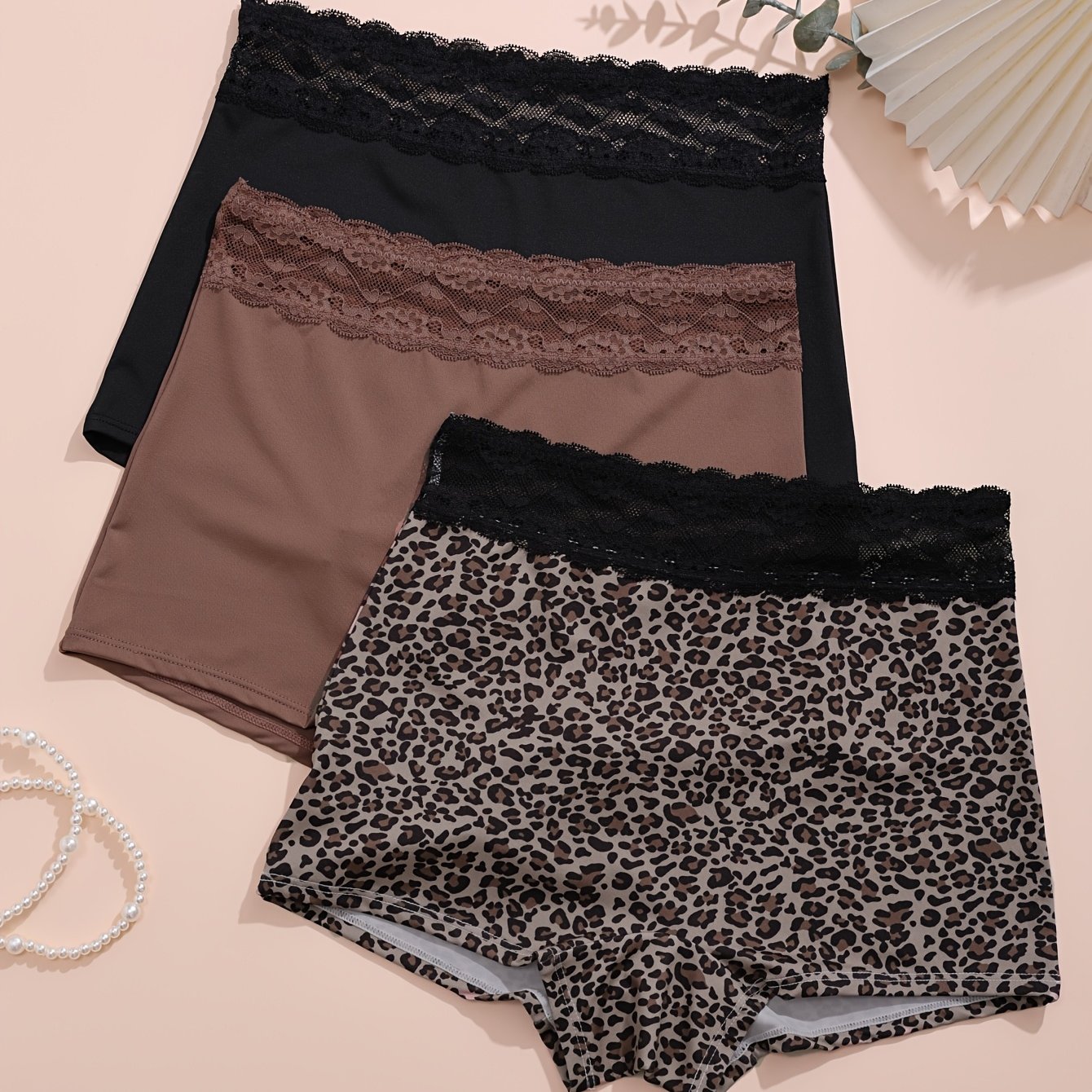 TEMU 3pcs Women's Mid-rise Boxer Briefs - Elegant Solid Color High Support Underwear, Comfortable Mid-waist Shorts For Casual Attire, Black, Beige,