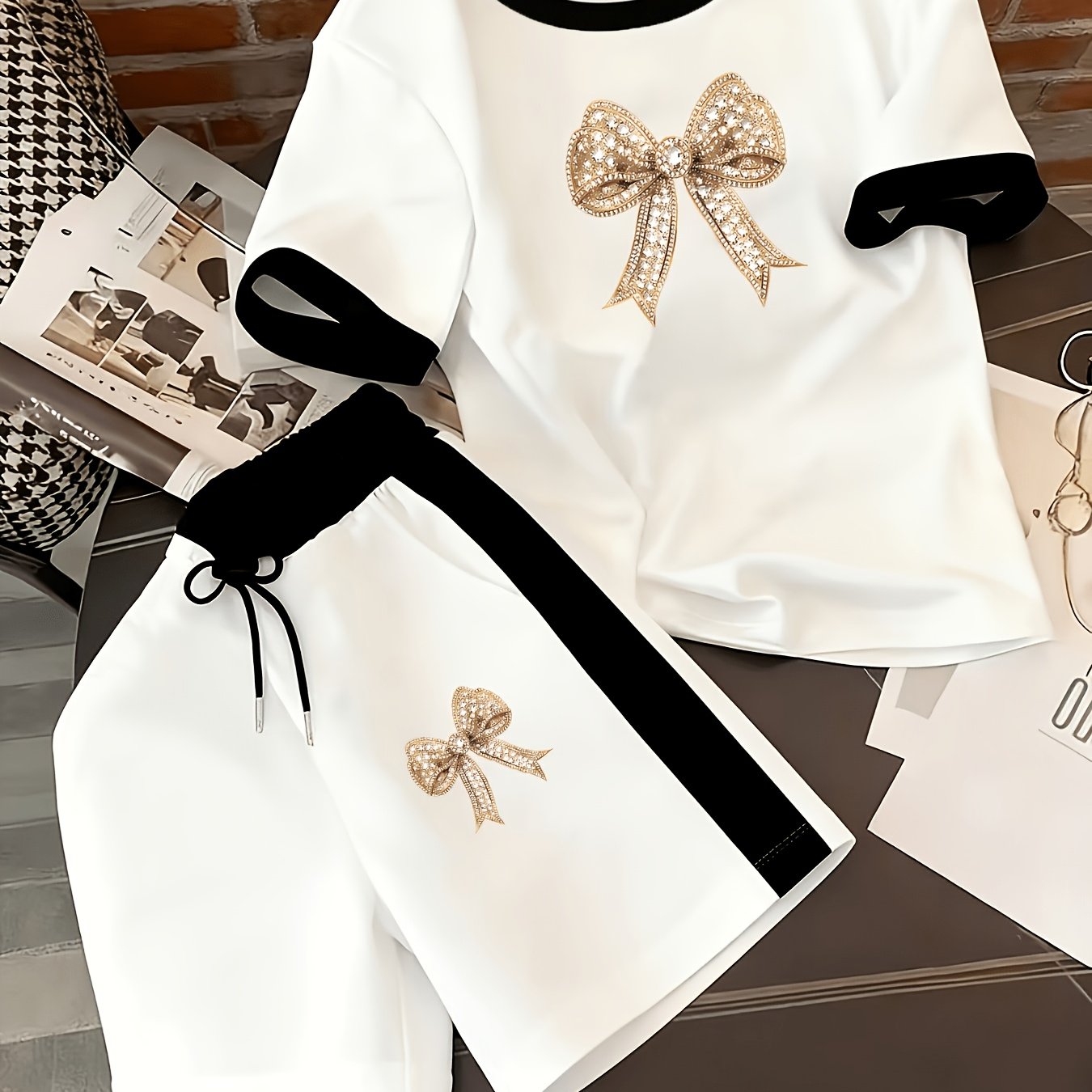 TEMU Light Luxury And Golden Diamond-encrusted Large Bow Print Black And -blocking Short-sleeved Shorts Casual Two-piece Set, Minimalist Light