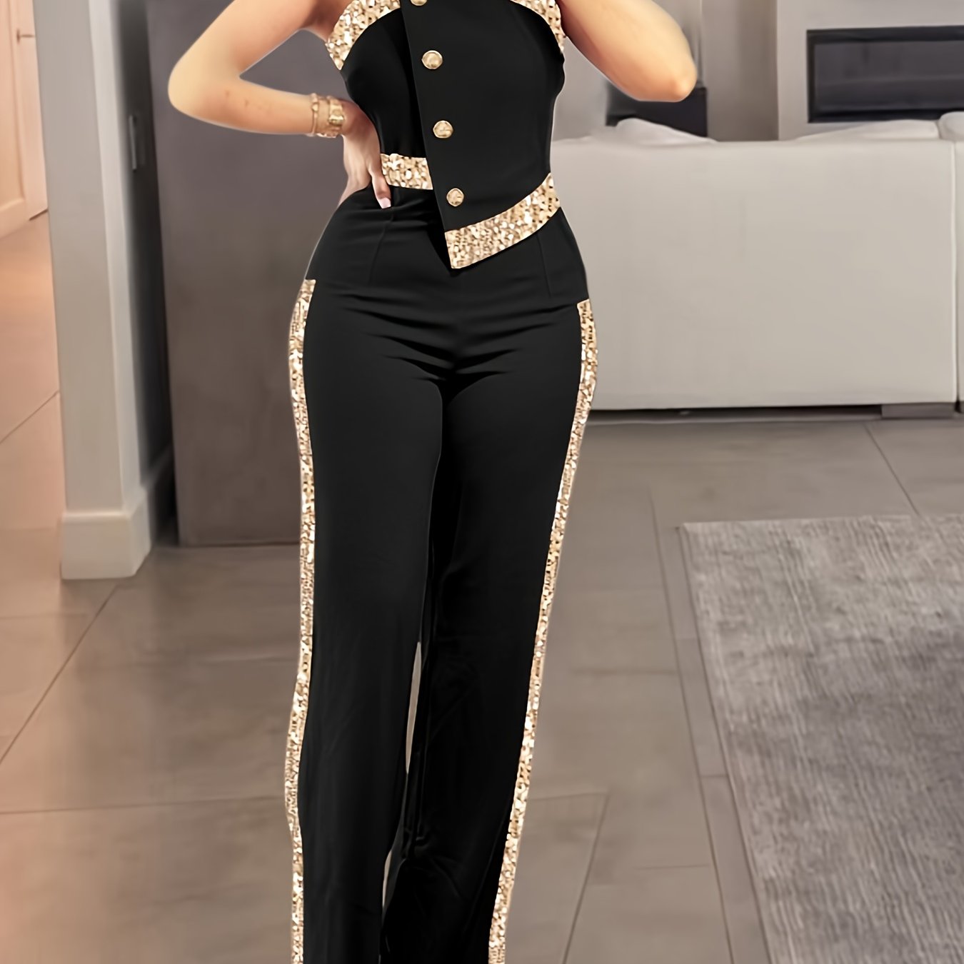 E-shop Angeborene High-Waist Jumpsuit Hose Patchwork Freizeitkleid Damenhose