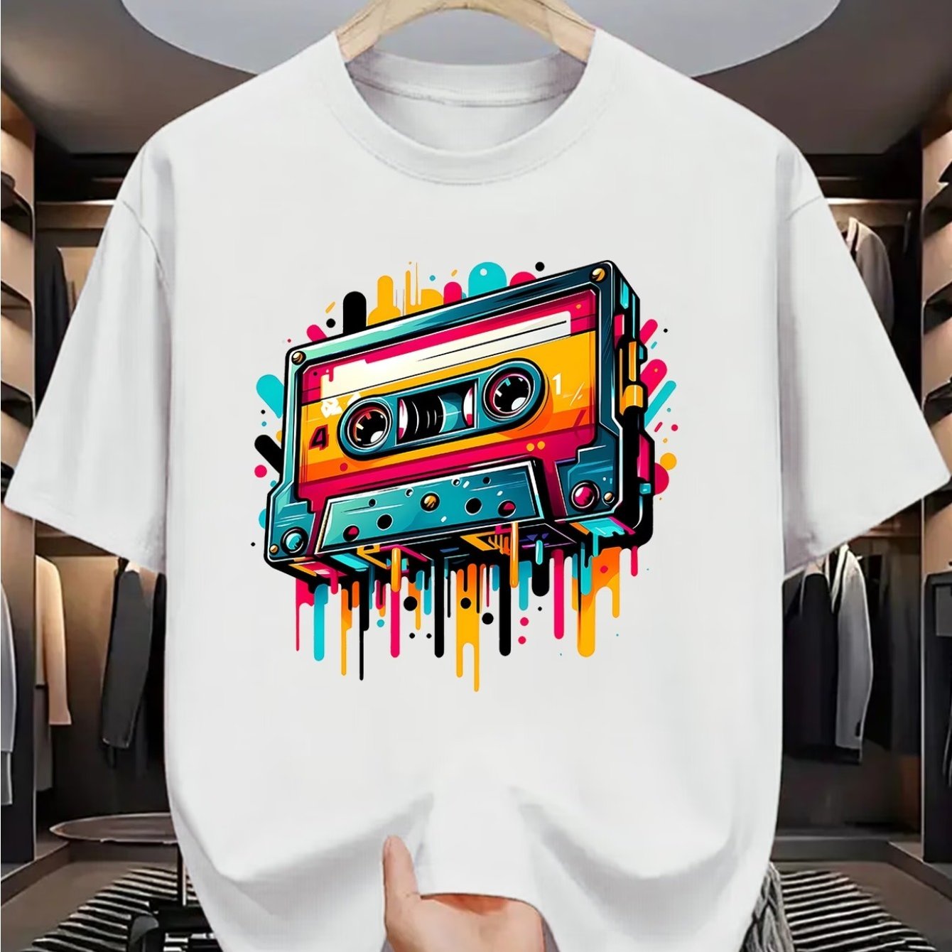 TEMU Men' Vintage Cassette Tape T-shirt - Retro 80 Music Graphic Tee With Round Neck Short Sleeve, Loose Fit Summer Top Suitable For Casual Wear,