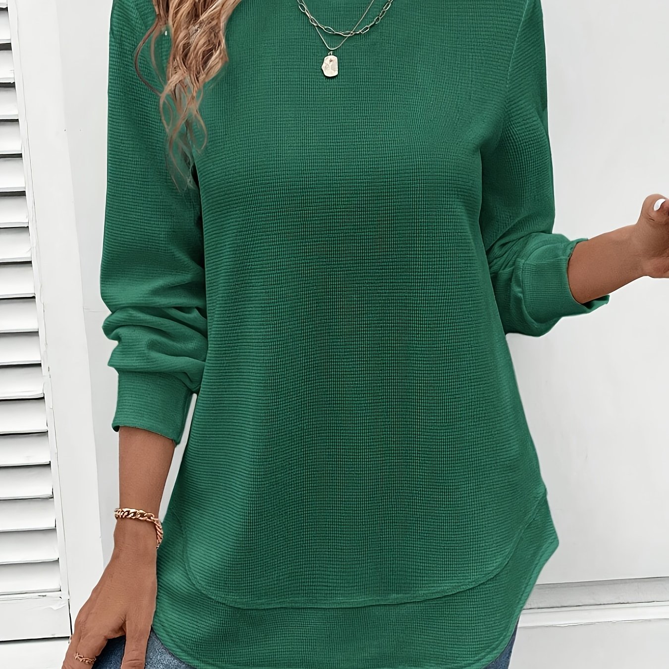 Women's Casual Crew Neck Asymmetrical Hem Waffle Textured T-shirt
