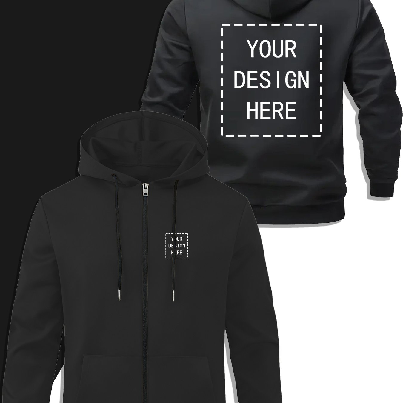 TEMU Men's Sporty Jacket - Men's Casual Hooded Zip-up Jacket - Features Zipper Closure, Customizable Front And Back Graphics, Side Pockets - Custom