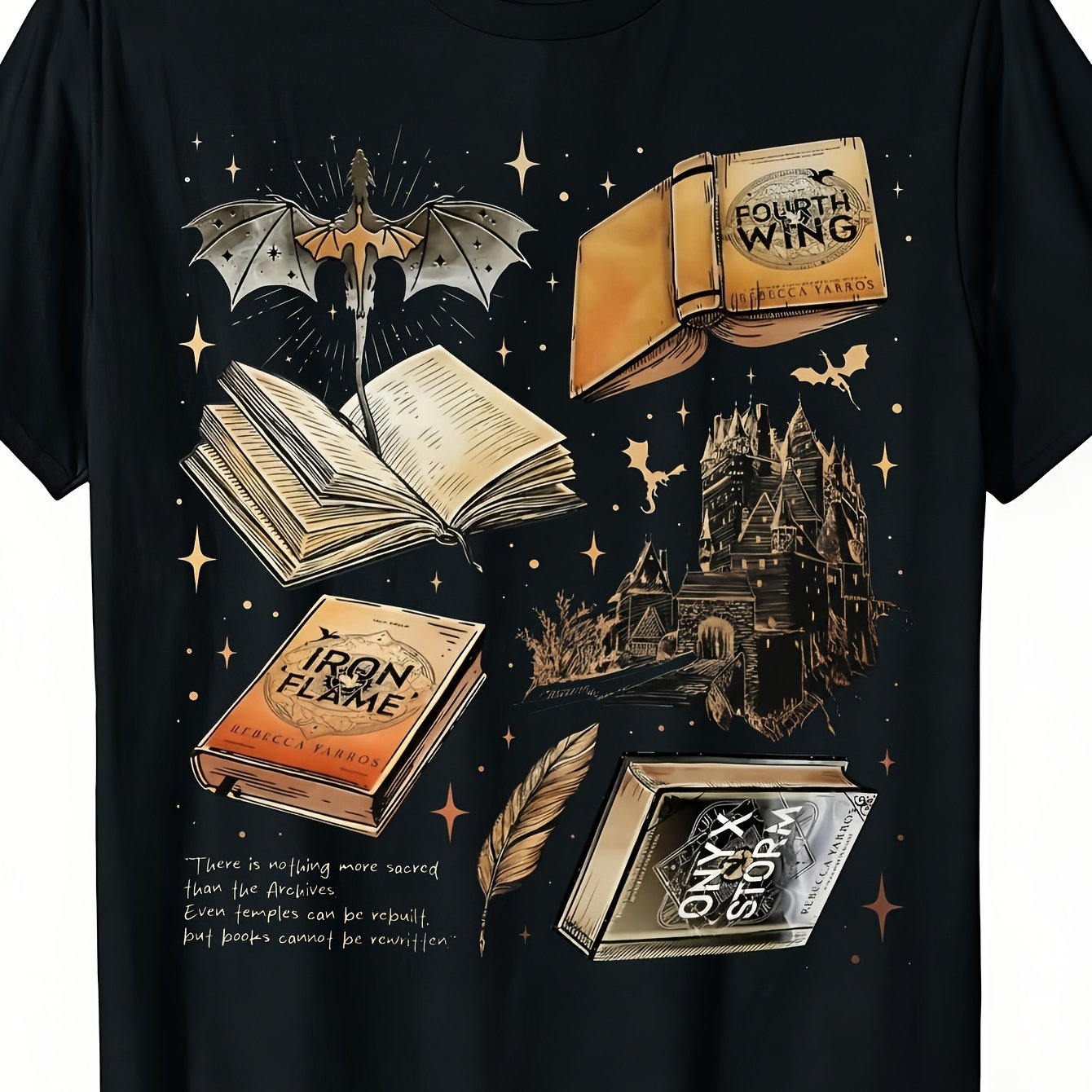 Casual Crew Neck T-shirt Featuring Literature Themes, Castle Designs, Dragons, And Stars, Perfect For Book Lovers And Reading Enthusiasts, With A Regular Fit And Stretch Fabric