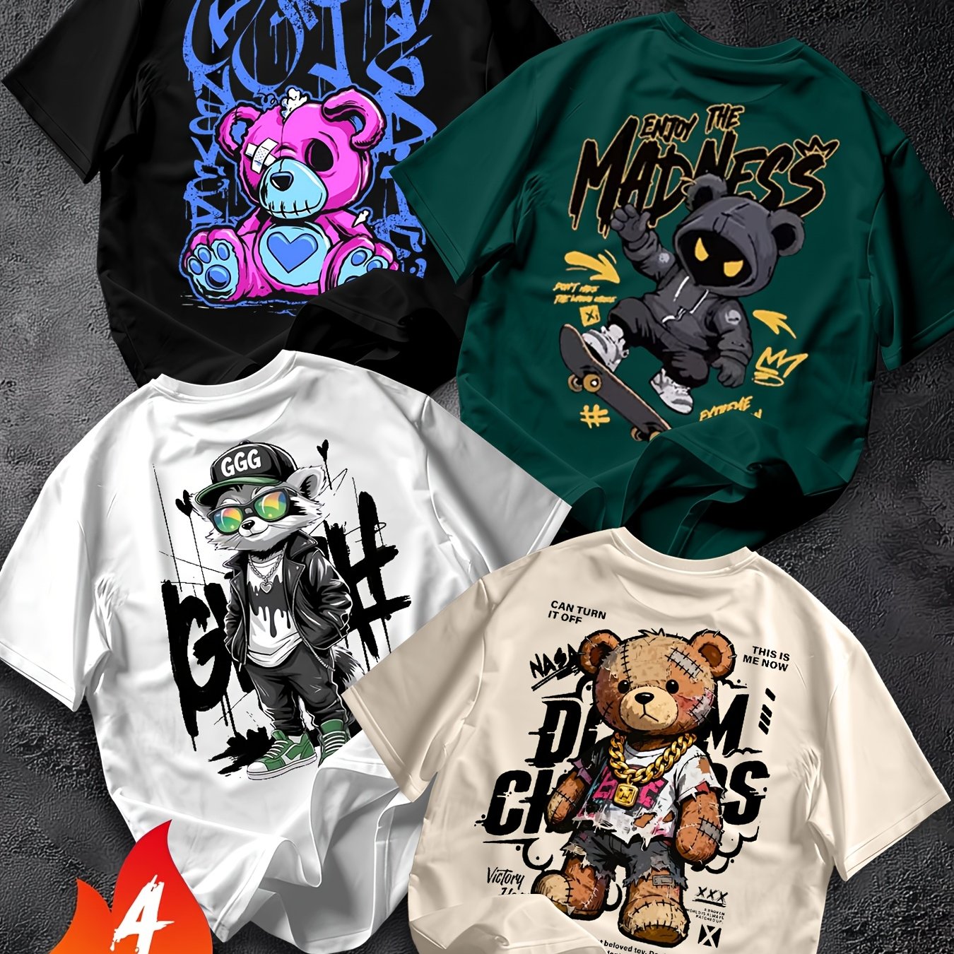 TEMU Street Trendy Cartoon Print Short Sleeve T-shirt 4pcss Set, Daily Outing, Campus Wear, Street Style, Casual All-match, Or Layered, 4pcss Bundle,