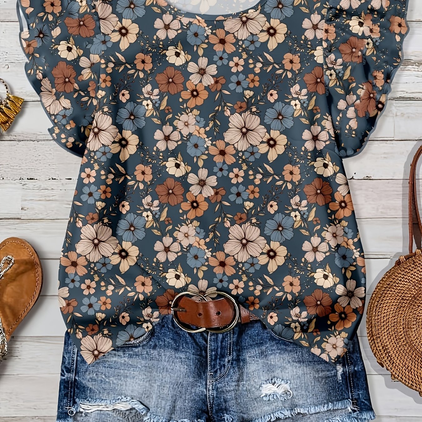 E-shop Damen-Bluse im Vintage-Stil mit Blumendruck, Rundhalsausschnitt Rüschensaum