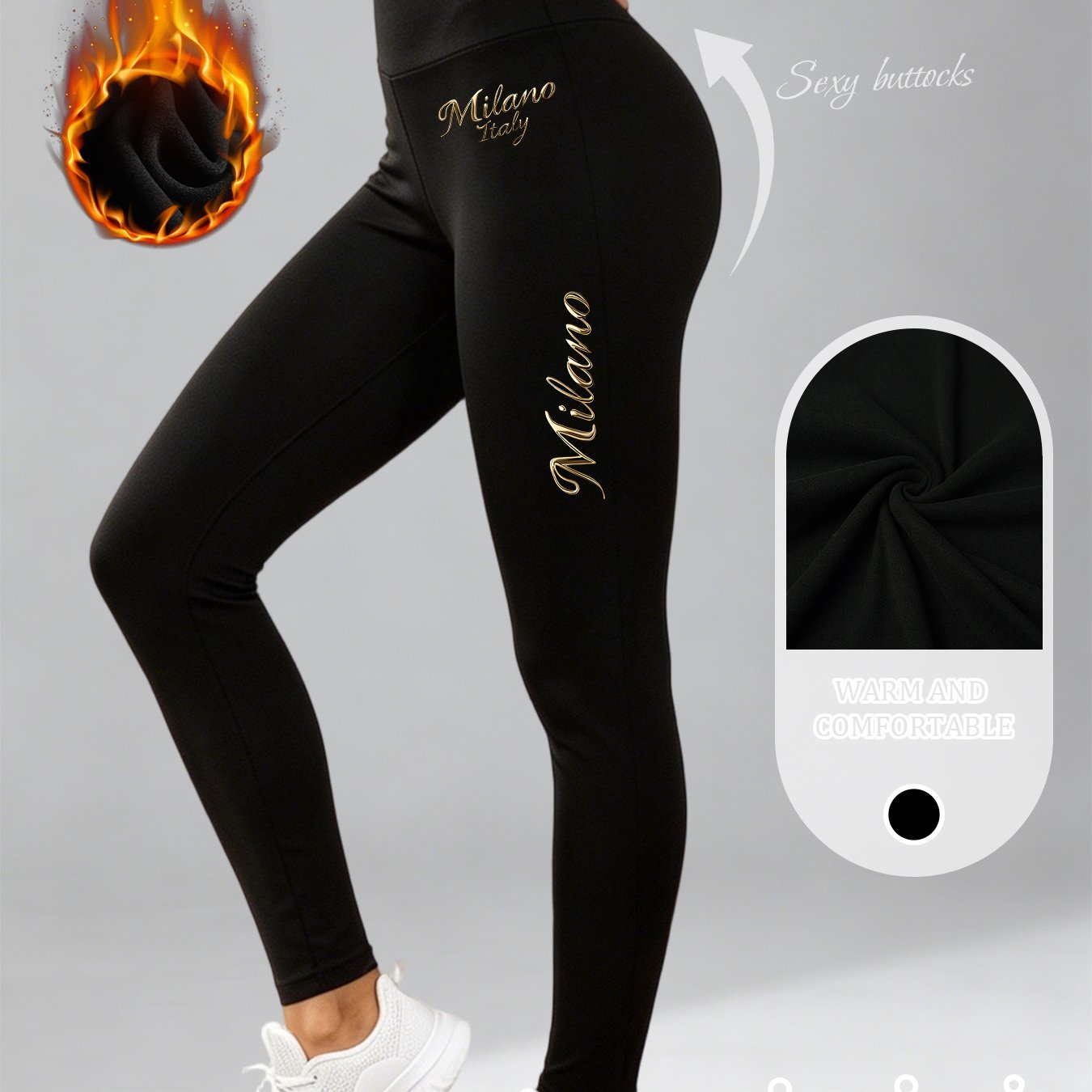 TEMU Floral Letter Print High-waist Fleece-lined Pants Women's -lifting Stretch Trousers Long Pants