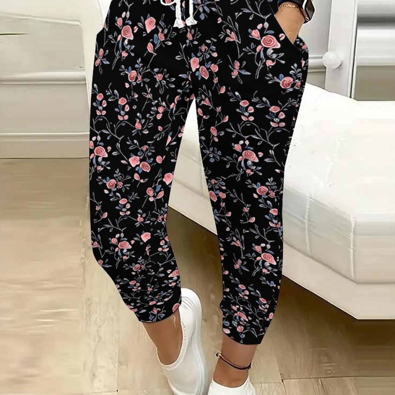 TEMU Classic Women's Casual Drawstring Pants With Floral And Tree Prints, Suitable For Outdoor Play, And Daily Casual Wear