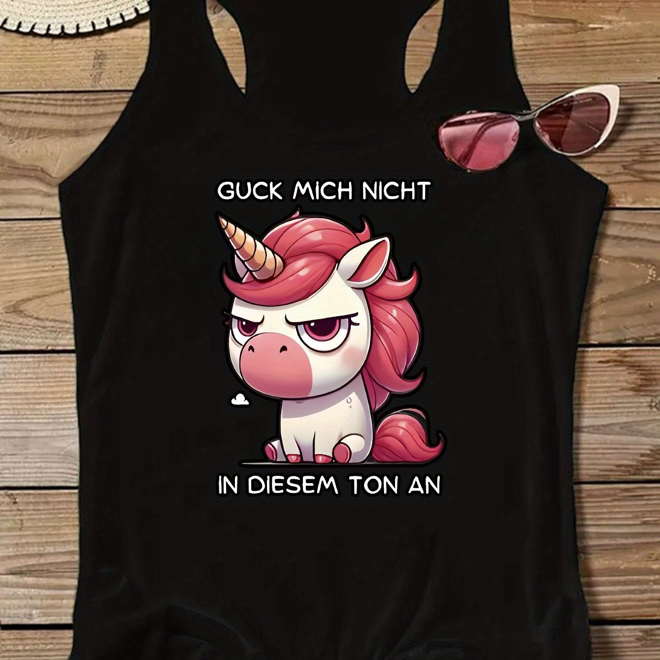 Image of Unicorn German Text Print Tank Top, Sleeveless Round Neck Women's Vest, Suitable For Spring/summer, Lightweight Breathable Fabric, Fashion Casual Tank Top | Stretch Material