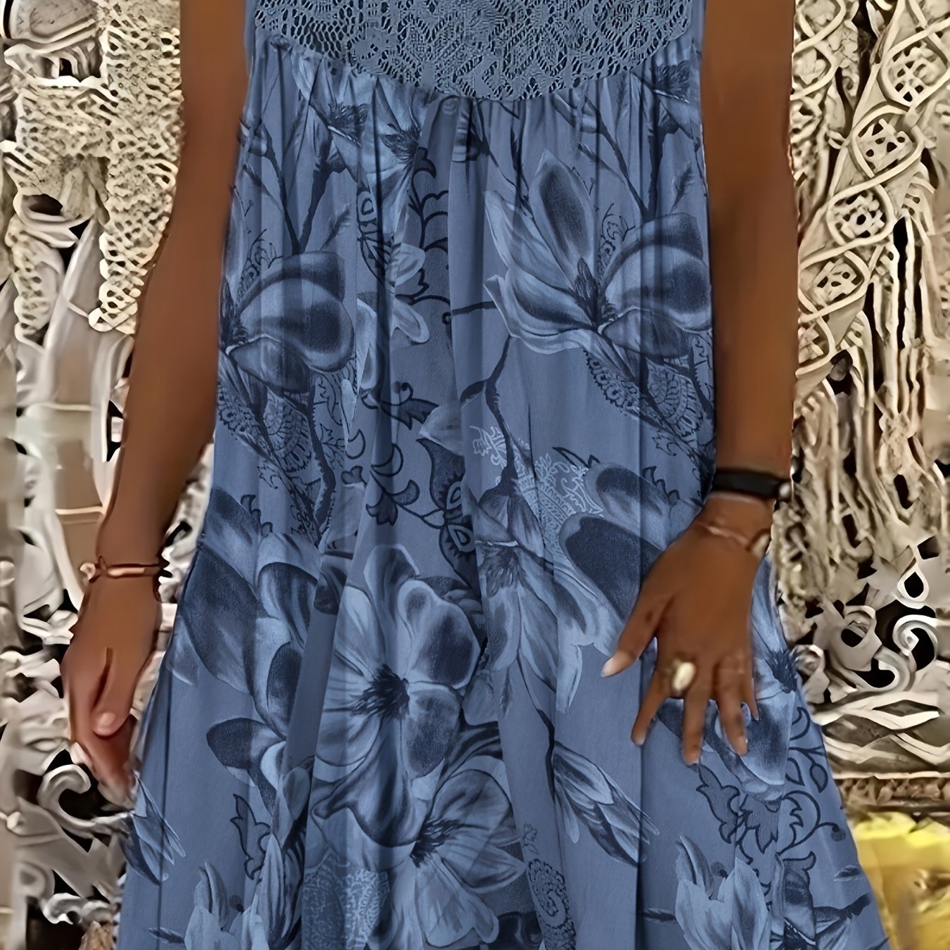 TEMU Plus Size, Plus Size Women's Sleeveless A-line Dress With Lace Details And Floral Pattern - Knee-length Loose Fit, Machine Washable, For Casual