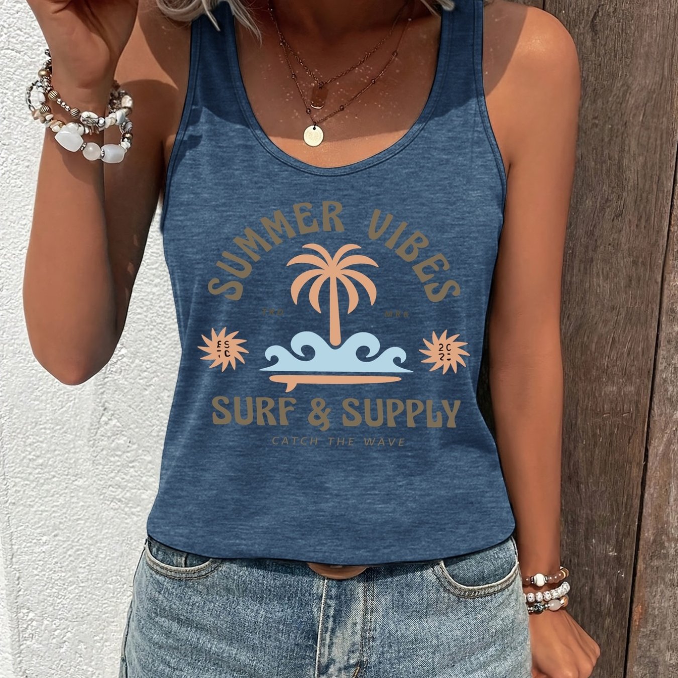 TEMU Surfing Print Women's Stylish Round Neck Tank Top Pb-211
