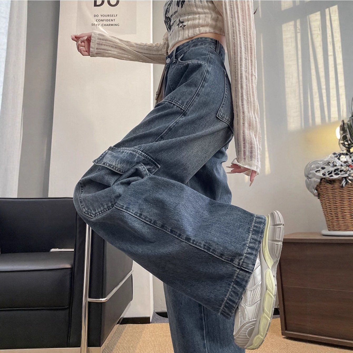 TEMU レディース レトロ ストレートレッグ デニムカーゴパンツ 新作 春秋 ハイウエスト ルーズワイドレッグ フロア丈パンツ