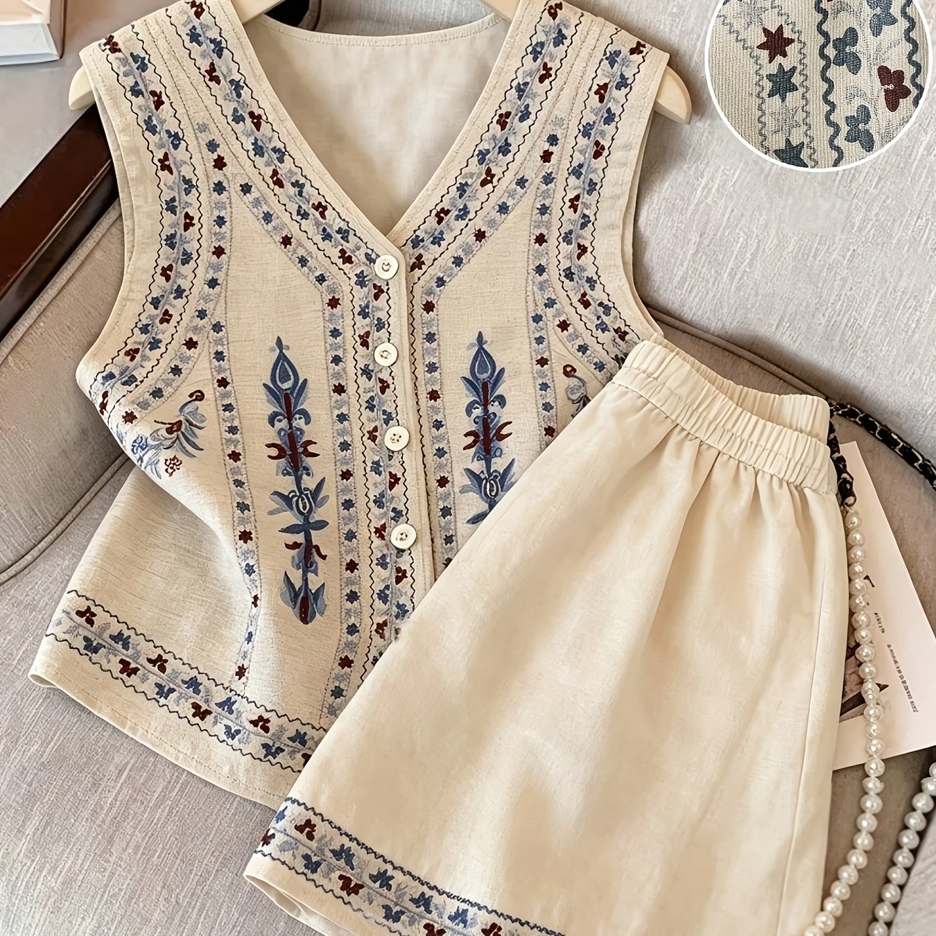 TEMU Autumn New Women's Pants Set V-neck Statement Printed Sleeveless Vest And Shorts Statement Printed Set Temperament Commuter Style Work Wear