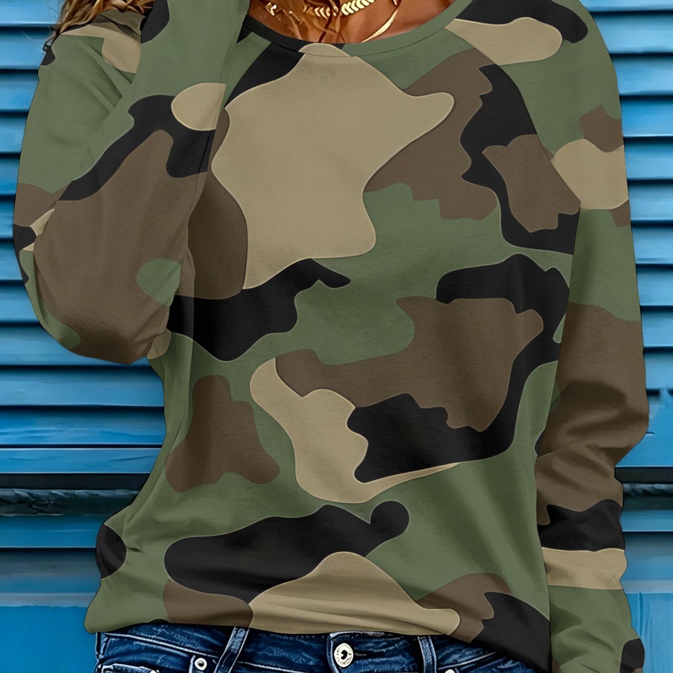 TEMU Women's Camouflage T-shirt - 3d Camo Print Long Sleeve Round Neck Top With Green/brown/black/khaki Color | Soft Streetwear Style Suitable For