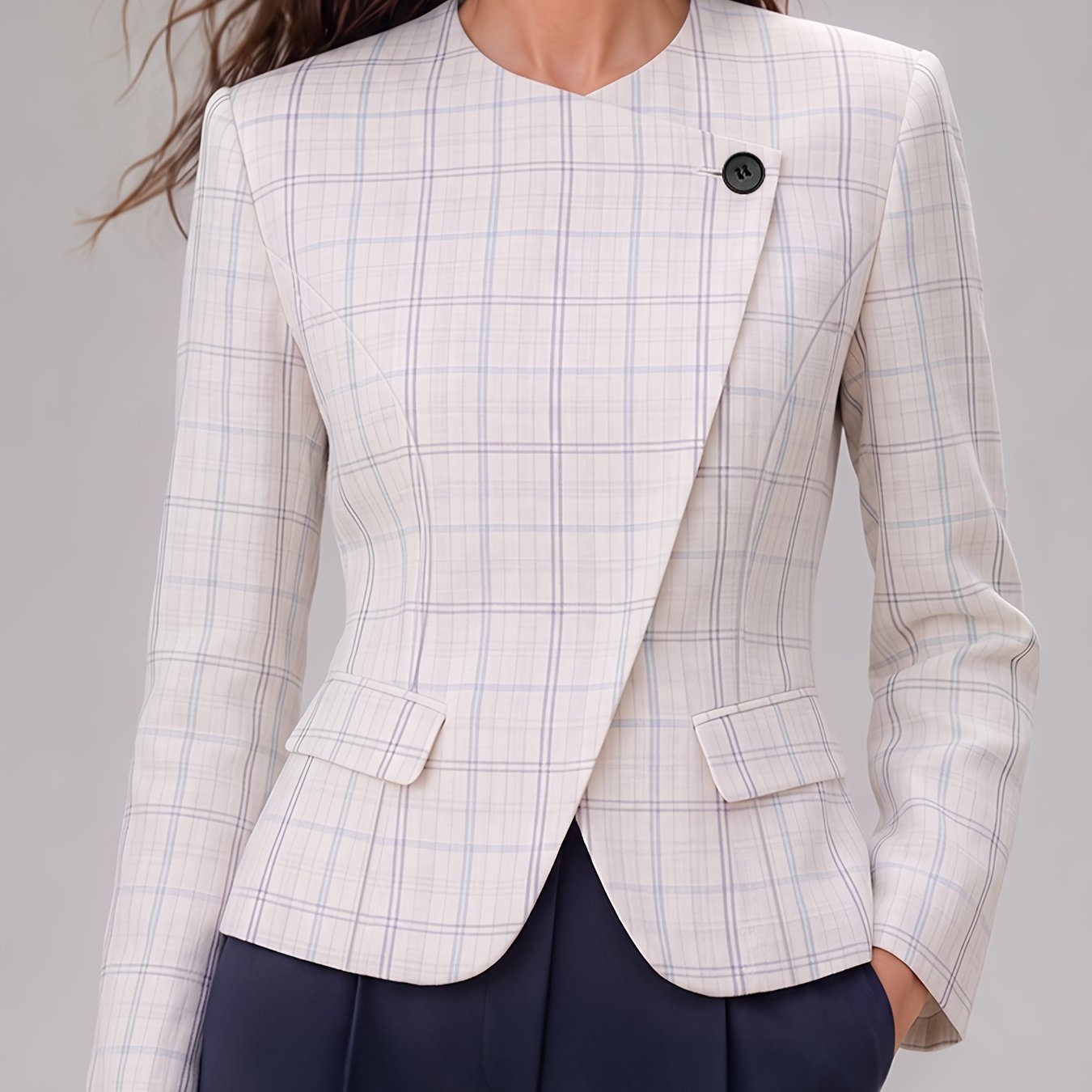 TEMU Round Neck Asymmetrical Front Closure Single Button Checkered Print Long Sleeve Waist-cinching Suit Jacket With Lining And Pockets